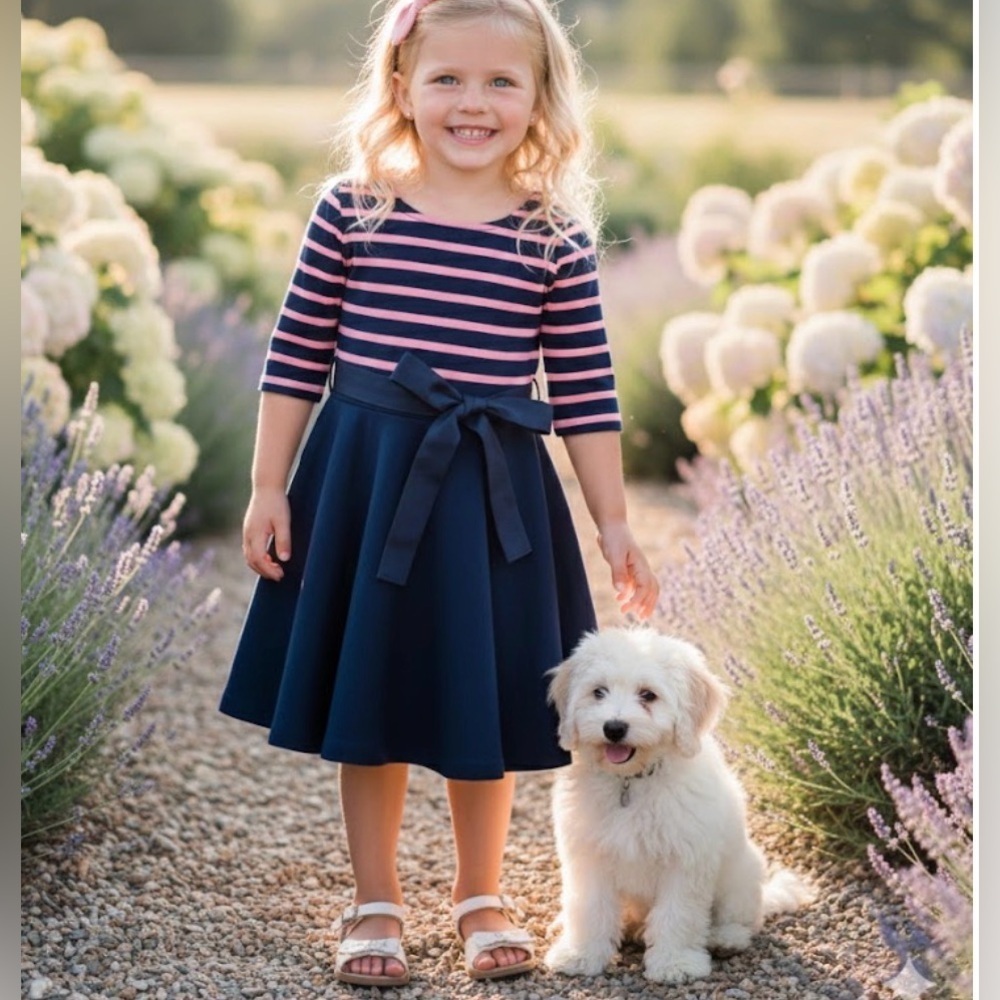 Ralph Lauren.   Blue and pink. Fit and Flare Dress with 3/4 Sleeves